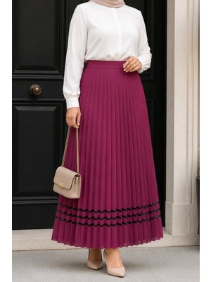 İmaj Butik Mürdüm Bel Lastikli Şeritli Piliseli Etek
