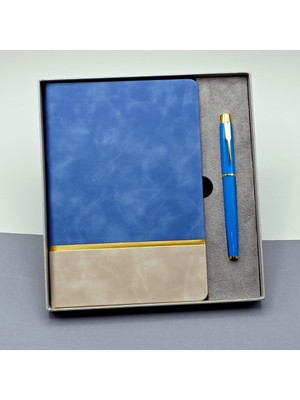 Lavly Gold Şeritli Mavi Defter ve Kalem Seti - Ofis Kırtasiye Ürünleri