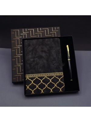 Lavly Gold Desen Siyah Deri Defter Kalem Seti Ofis Malzemesi Hediye
