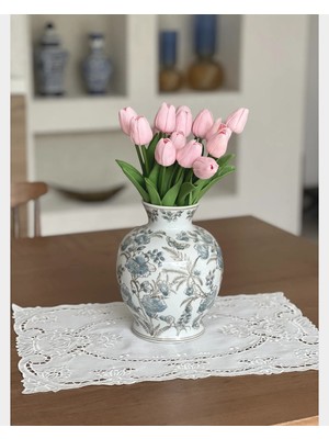 Marys Concept Turkuaz Desenli Tombul Porselen Vazo 22.5 cm