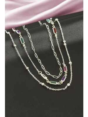 Pileli Store Dikdörtgen Kristal Taşlı Üçlü Kolye