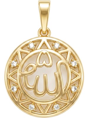 Zeino Allah Yazılı Zirkon Taşlı Kolye Ucu - 14K Altın Kaplama - 18 x 26 mm