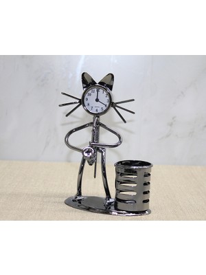 Lavly Metal Saksafon Çalan Kedi Müzisyen Dekoratif Masa Saati ve Kalemlik