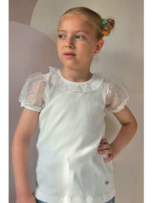 Breeze Kız Çocuk Tişört Kolları Yakası Tül 7-12 Yaş, Ekru