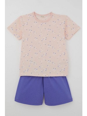 Breeze Kız Çocuk Şortlu Pijama Takımı Çiçek Desenli 4-8 Yaş, Pudra