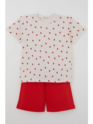 Breeze Kız Çocuk Şortlu Pijama Takımı Çilek Desenli 4-8 Yaş, Krem