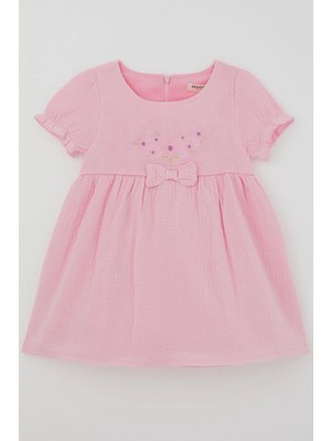 Breeze Kız Çocuk Elbise Çiçek Nakışlı Kolları Lastikli Fiyonk Aksesuarlı 1-4 Yaş , Pembe