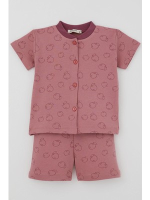 Breeze Kız Bebek Pijama Takımı Elma Desenli Önden Düğmeli 4 Ay - 1 Yaş , Gülkurusu