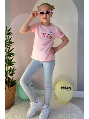 Breeze Kız Çocuk Taytlı Takım Sevgi Temalı Tavşancık Baskılı 4-8 Yaş, Somon