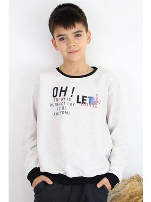 Breeze Erkek Çocuk Sweatshirt Renkli Yazı Baskılı 10-16 Yaş, Bej Melanj