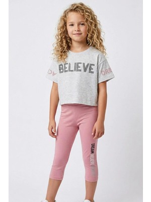 BREEZE Kız Çocuk Kapri Taytlı Crop Takım Yazı Baskılı 8-12 Yaş, Açık Gri Melanj