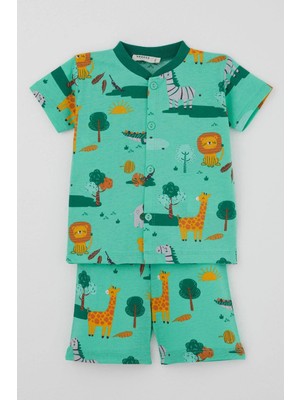 Breeze Erkek Bebek Şortlu Pijama Takımı Safari Temalı Sevimli Hayvancıklar Desenli 4 Ay - 1 Yaş , Yeşil