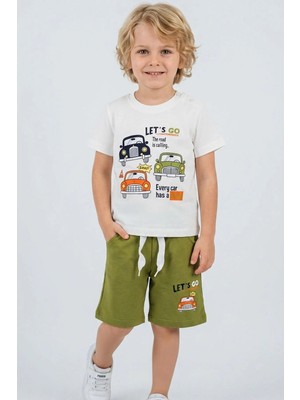 Breeze Erkek Çocuk Şortlu Takım Retro Araba Baskılı 1.5-5 Yaş , Ekru