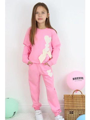Breeze Kız Çocuk Eşofman Takımı Kalp Nakışlı Fiyonklu 4-9 Yaş, Pembe
