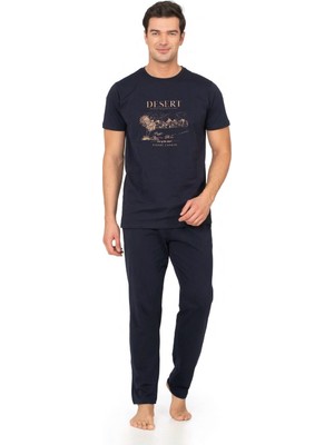Pierre Cardin %100 Pamuk Baskılı Penye Erkek Pijama Takım, Bisiklet Yakalı, Cep Detay