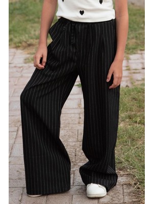 Breeze Kız Çocuk Pantolon Pinstripe Çizgili Çift Bel Detaylı 8-14 Yaş, Siyah