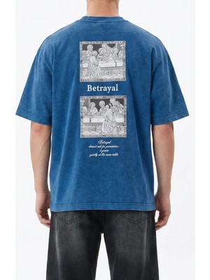 Respire Erkek Betrayal Baskılı Yıkamalı Oversize T-Shirt Lacivert