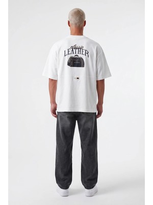 Respire Erkek Leather Baskılı Oversize T-Shirt Ekru