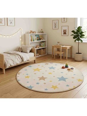 Drsn Ticaret Yıldız Desenli Yuvarlak Çocuk Odası Halısı/paspası 100X100 cm – Dijital Baskılı, Yumuşak Dokulu Dekoratif Oyun Halısı