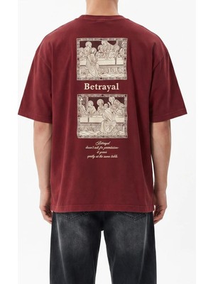 Respire Erkek Betrayal Baskılı Yıkamalı Oversize T-Shirt Bordo