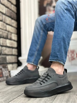 Arda BA0332 Merdiven Desen Bağcıklı Erkek Yüksek Taban Füme Cilt Spor Ayakkabı