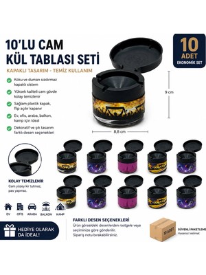 Akyüz Plastik 🚬 10 Adet Kapaklı Cam Kül Tablası Seti Kokusuz Masa Balkon Araba Ofis Küllüğü