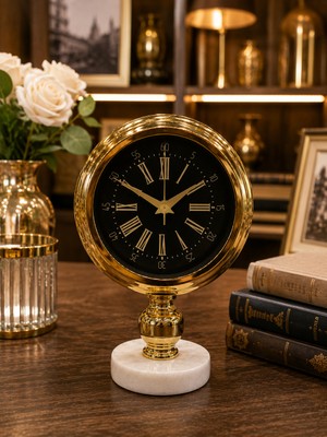 Sleep Nova Lüks Gold Mermer Kaideli Dekoratif Masa Saati – Modern Metal Roma Rakamlı Premium Salon & Ofis Saati