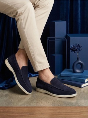 BOA ABA0252 %100 Içi Dışı Hakiki Deri Erkek Lacivert Süet Casual Loafer Termo Taban Ayakkabı