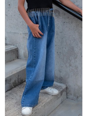 Breeze Kız Çocuk Jean Pantolon Bağcıklı Bel Kısmı Lastikli 7-12 Yaş, Mavi