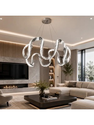 Reel Avize Cizgili Profil Badem 6lı Çift LED Avize Kristal Silikonlu - 3 Renk Kumandalı