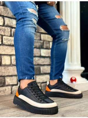 By Shoes BA0801 Boa Yüksek Taban Siyah Paraşüt Kumaş Turuncu Cilt Detaylı Erkek Ayakkabı
