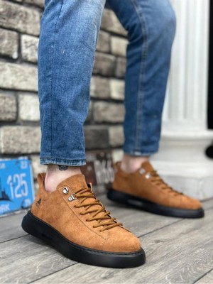 By Shoes BA0331 Bağcıklı Erkek Yüksek Taban Taba Süet Siyah Taban Spor Ayakkabı