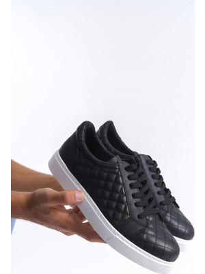 Arda SLW166 Prestige Bağcıklı Cilt Kapitone Desenli Erkek Günlük Sneaker Ayakkabı Bt Siyah