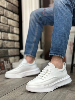 Arda BA0332 Merdiven Desen Bağcıklı Erkek Yüksek Taban Beyaz Cilt Spor Ayakkabı