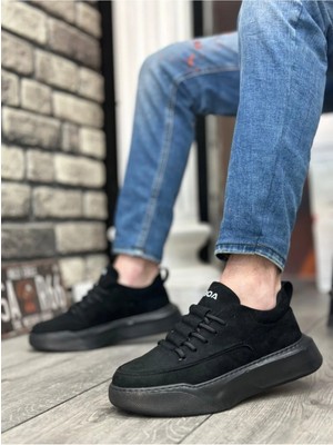 Arda BA0332 Merdiven Desen Bağcıklı Erkek Yüksek Taban Siyah Süet Siyah Taban Spor Ayakkabı
