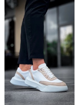 By Shoes BA0354 Günlük Bağcıklı Erkek Krem Parçalı Beyaz Yüksek Taban Spor Ayakkabı