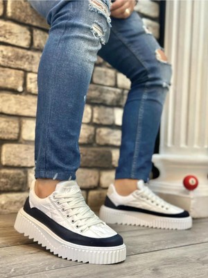 By Shoes BA0801 Boa Yüksek Taban Beyaz Paraşüt Kumaş Laci Cilt Detaylı Erkek Ayakkabı