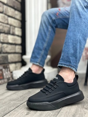 Arda BA0332 Merdiven Desen Bağcıklı Erkek Yüksek Taban Siyah Cilt Siyah Taban Spor Ayakkabı