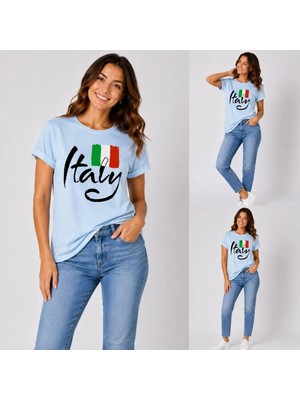 Enb1r Moda Italy Yazılı Italyan Bayrak Renkleri Baskılı Unisex Mavi Premium Basic T-Shirt
