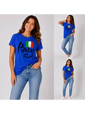 Enb1r Moda Italy Yazılı Italyan Bayrak Renkleri Baskılı Unisex Saks Mavi Premium Basic T-Shirt