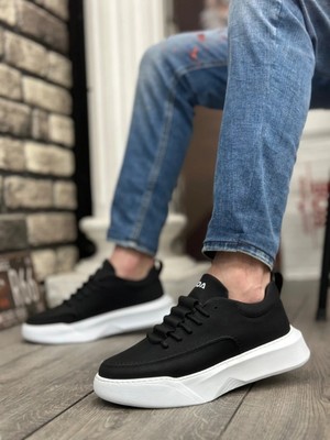 Arda BA0332 Merdiven Desen Bağcıklı Erkek Yüksek Taban Siyah Cilt Beyaz Taban Spor Ayakkabı