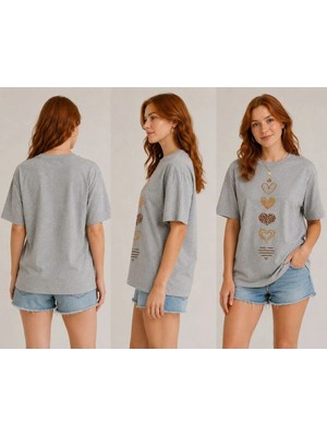 Enb1r Moda Kadın Romantik Kalpler Baskılı Gri Premium Basic T-Shirt