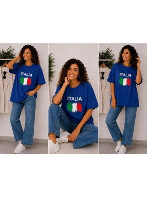 Enb1r Moda Italıa Bayrak Renkleri Temalı Baskılı Oversize Tişört Saks Mavi Unisex Premium Basic T-Shirt