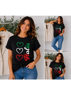 Enb1r Moda Italya Temalı 3lü Kalp Baskılı Unisex Siyah Premium Basic T-Shirt
