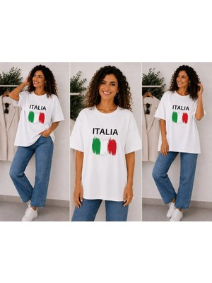 Enb1r Moda Italıa Bayrak Renkleri Temalı Baskılı Oversize Beyaz Unisex Premium Basic T-Shirt