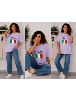Enb1r Moda Italıa Bayrak Renkleri Temalı Baskılı Oversize Tişört Unisex Lila Premium Basic T-Shirt