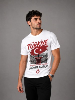 Enb1r Moda Dünya Kupası Türkiye Baskılı Beyaz Unisex Tek Millet Tek Yürek Futbol Taraftar T-Shirt