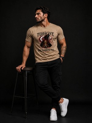 Enb1r Moda Türkiye Taraftar Tişörtü Unisex Ay Yıldız Bozkurt Baskı Detaylı Bej Premium T-Shirt