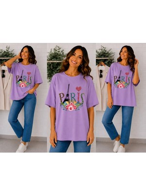 Enb1r Moda Paris Temalı Eyfel Kulesi, Gül Çiçeği ve Kalp Baskılı Lila Premium Basic T-Shirt