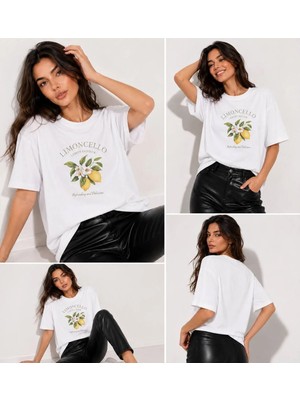 Enb1r Moda Kadın Estetik Vintage Limon Baskılı Sokak Stili Unisex Beyaz Premium Basic T-Shirt